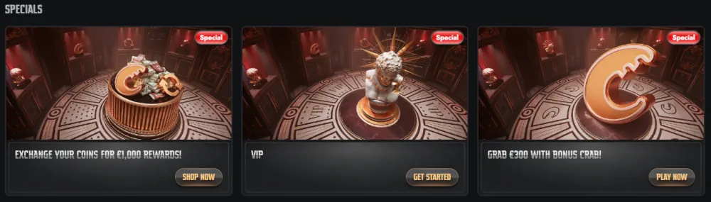 Section spéciale Gransino avec statut VIP et récompenses Bonus Crabe.